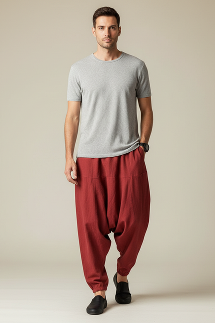 Pantalon Japonais Sarouel Rouge Lin Ample Décontracté Homme
