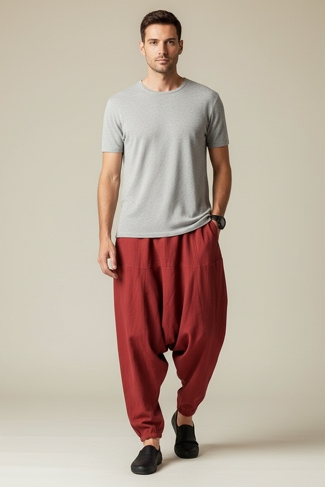Pantalon Japonais Sarouel Rouge Lin Ample Décontracté Homme