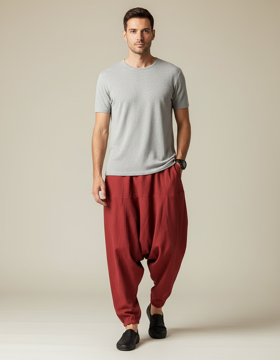 Pantalon Japonais Sarouel Rouge Lin Ample Décontracté Homme