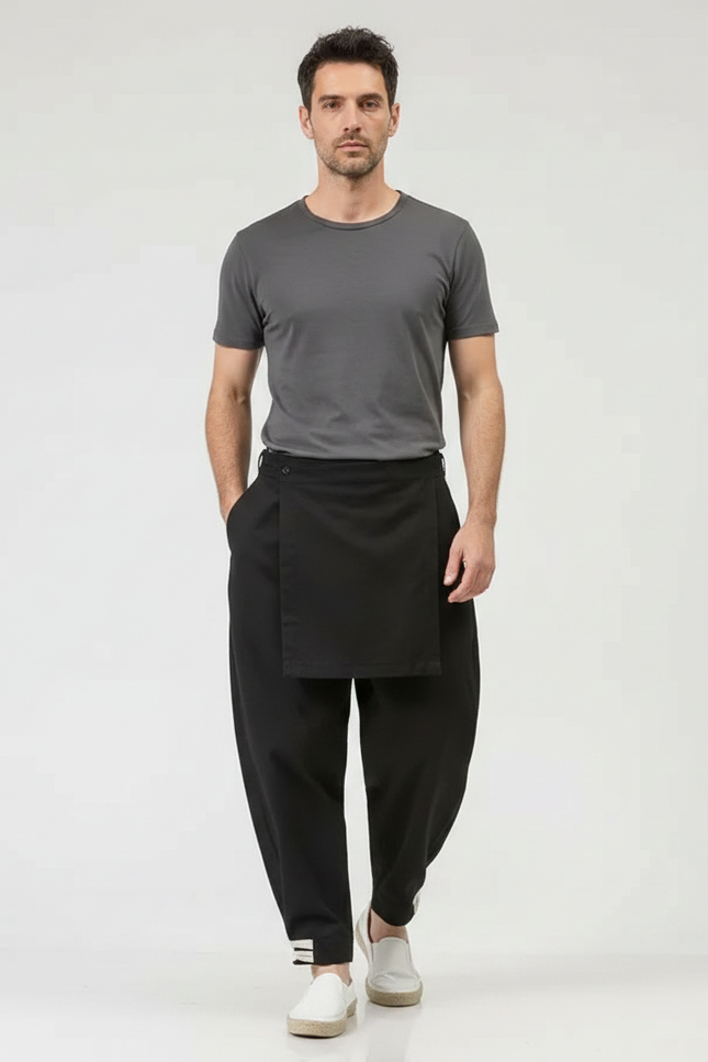 Pantalon Japonais Noir Ample Drapé Décontracté Homme - Polyester