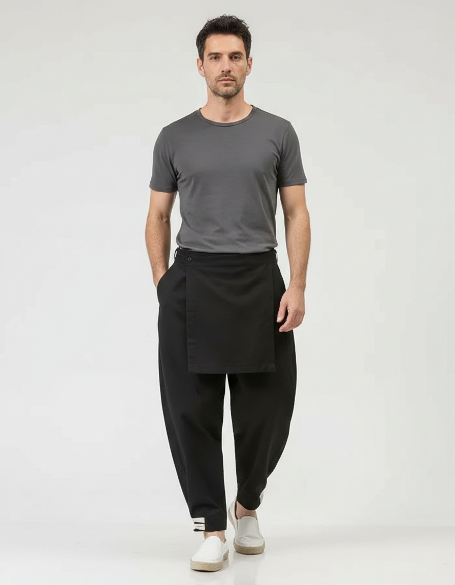 Pantalon Japonais Noir Ample Drapé Décontracté Homme - Polyester
