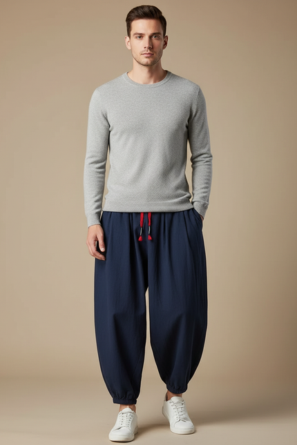 Pantalon Japonais Bleu Marine Ample Coton Lin Casual Homme