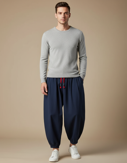 Pantalon Japonais Bleu Marine Ample Coton Lin Casual Homme