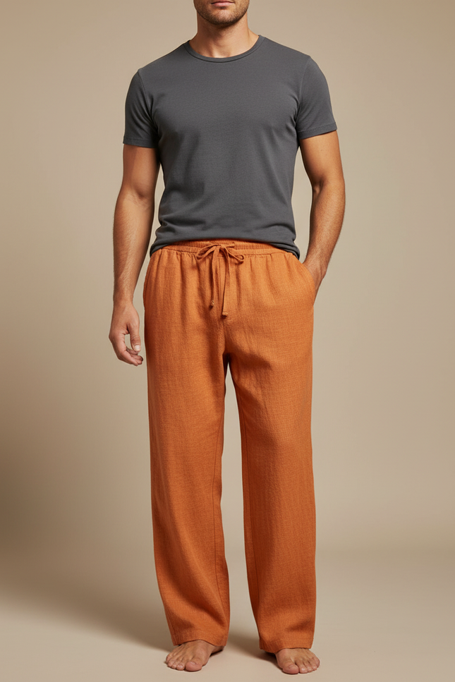 Pantalon Japonais Orange Lin Ample Décontracté Homme