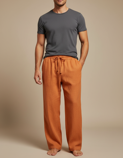 Pantalon Japonais Orange Lin Ample Décontracté Homme