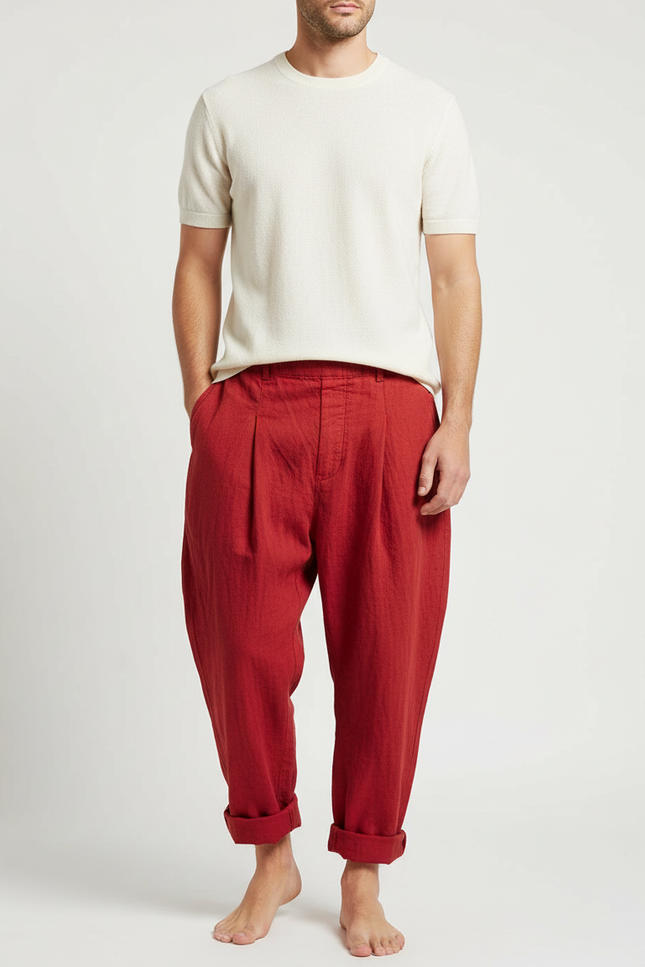 Pantalon Japonais Rouge Ample Lin Plissé Confortable