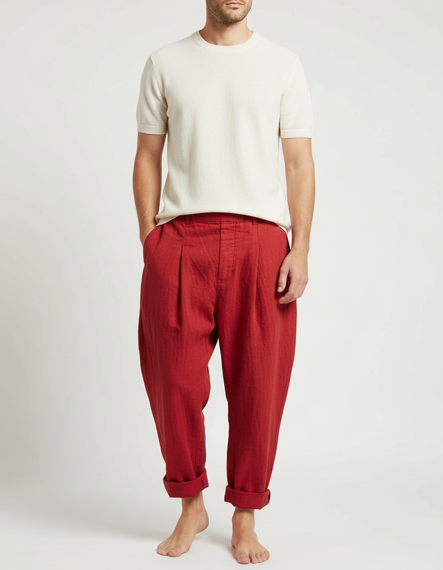 Pantalon Japonais Rouge Ample Lin Plissé Confortable