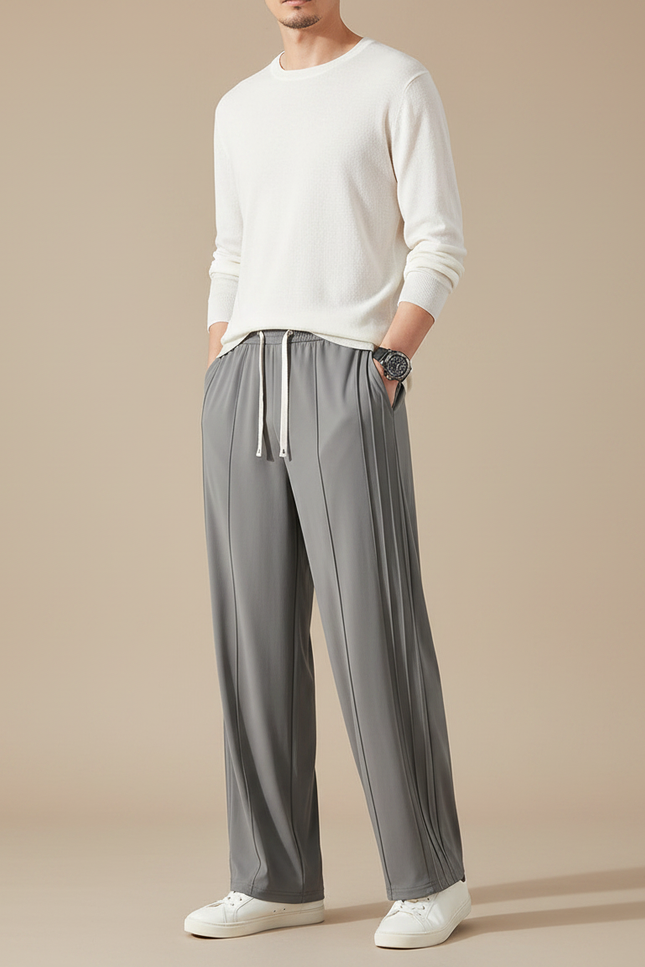 Pantalon Japonais Gris Droit Fluide Plissé Minimaliste - Polyester