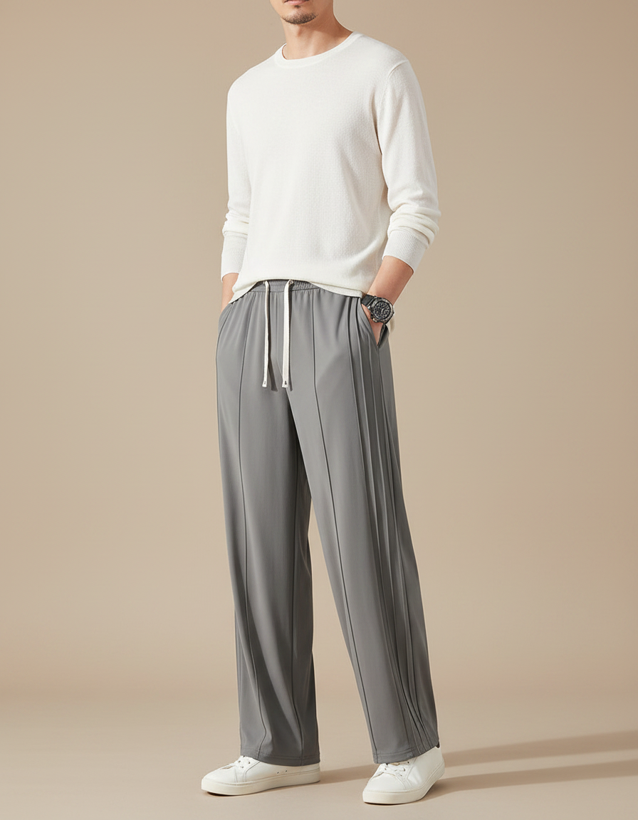Pantalon Japonais Gris Droit Fluide Plissé Minimaliste - Polyester