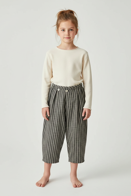 Pantalon Japonais Rayé Ample Décontracté Coton Lin - Vert Laine