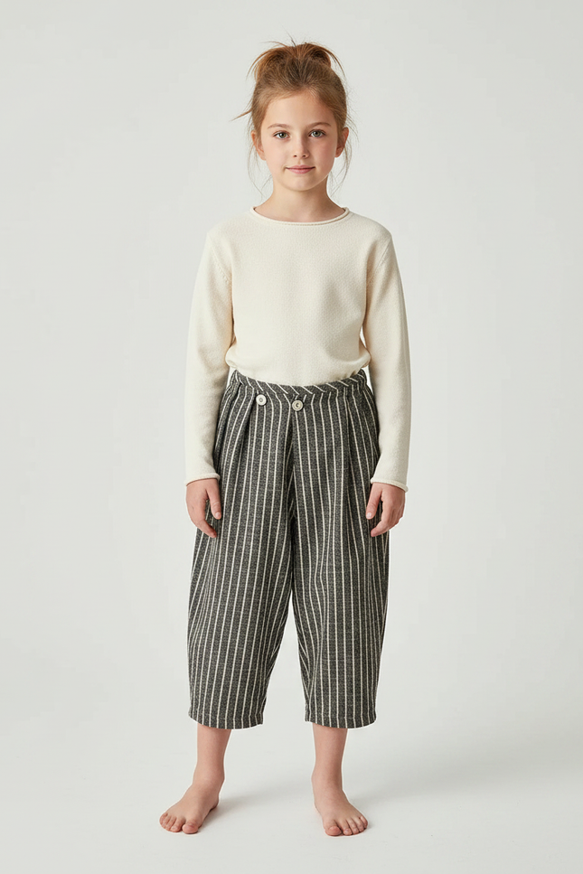 Pantalon Japonais Rayé Ample Décontracté Coton Lin - Vert Laine