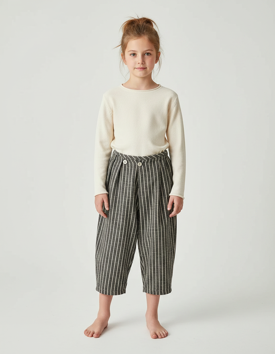 Pantalon Japonais Rayé Ample Décontracté Coton Lin - Vert Laine