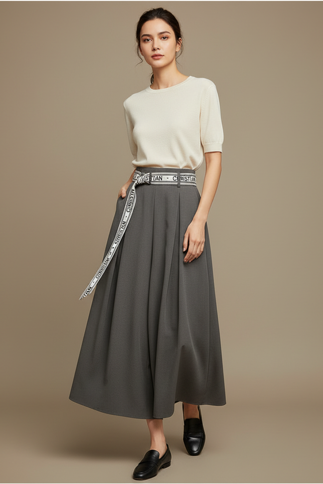 Pantalon Japonais Gris Fluide Ample Élégant Ceinturé - Viscose