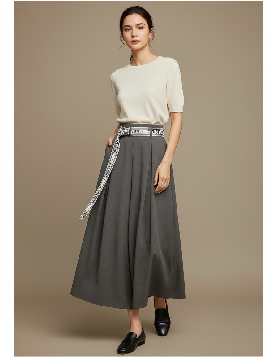Pantalon Japonais Gris Fluide Ample Élégant Ceinturé - Viscose