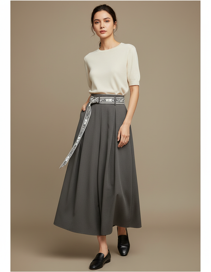 Pantalon Japonais Gris Fluide Ample Élégant Ceinturé - Viscose