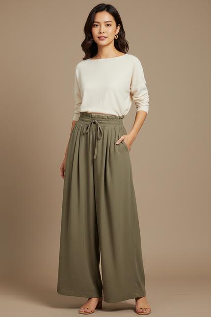 Pantalon Japonais Kaki Fluide Ample Taille Élastique - Viscose