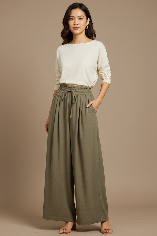 Pantalon Japonais Kaki Fluide Ample Taille Élastique - Viscose