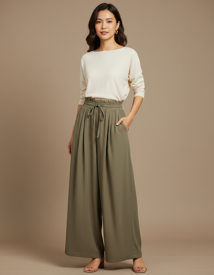 Pantalon Japonais Kaki Fluide Ample Taille Élastique - Viscose