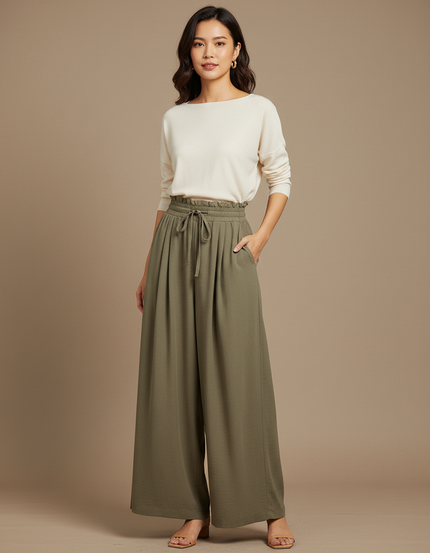Pantalon Japonais Kaki Fluide Ample Taille Élastique - Viscose