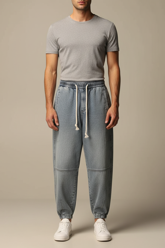 Pantalon Japonais Denim Ample Cordon Décontracté Clair - Bleu Jean