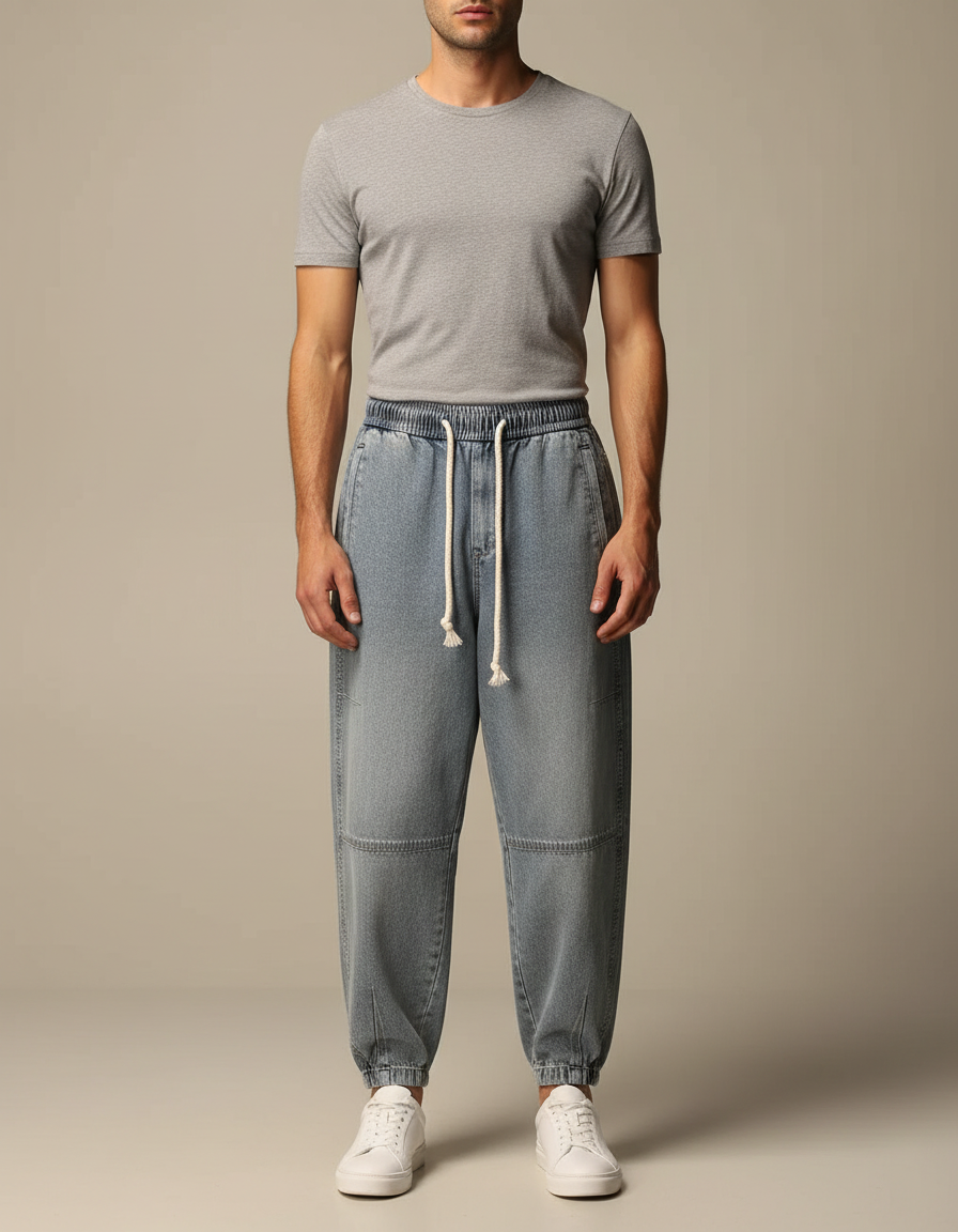 Pantalon Japonais Denim Ample Cordon Décontracté Clair - Bleu Jean