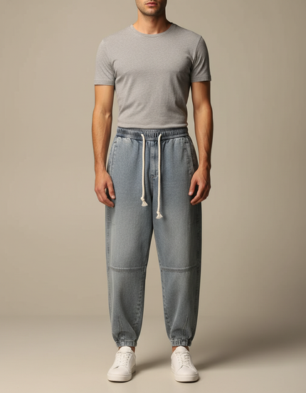 Pantalon Japonais Denim Ample Cordon Décontracté Clair - Bleu Jean