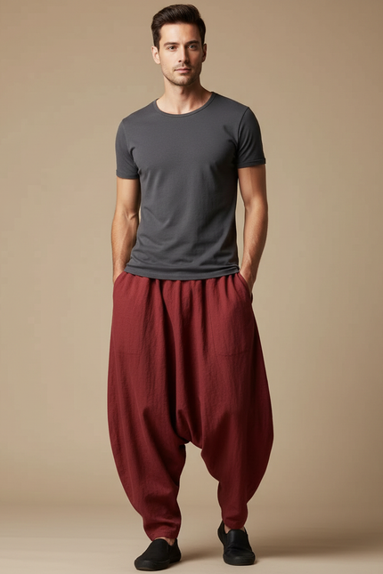 Pantalon Japonais Sarouel Rouge Ample Lin Homme Confortable