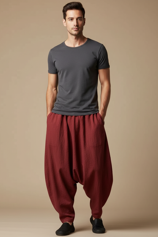 Pantalon Japonais Sarouel Rouge Ample Lin Homme Confortable