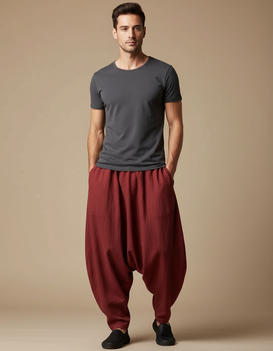 Pantalon Japonais Sarouel Rouge Ample Lin Homme Confortable