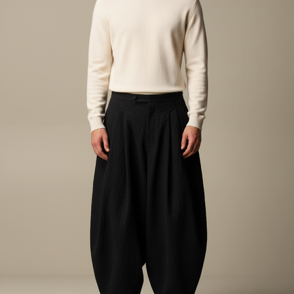 Pantalon Japonais Ample Noir Texturé Unisexe - Lin