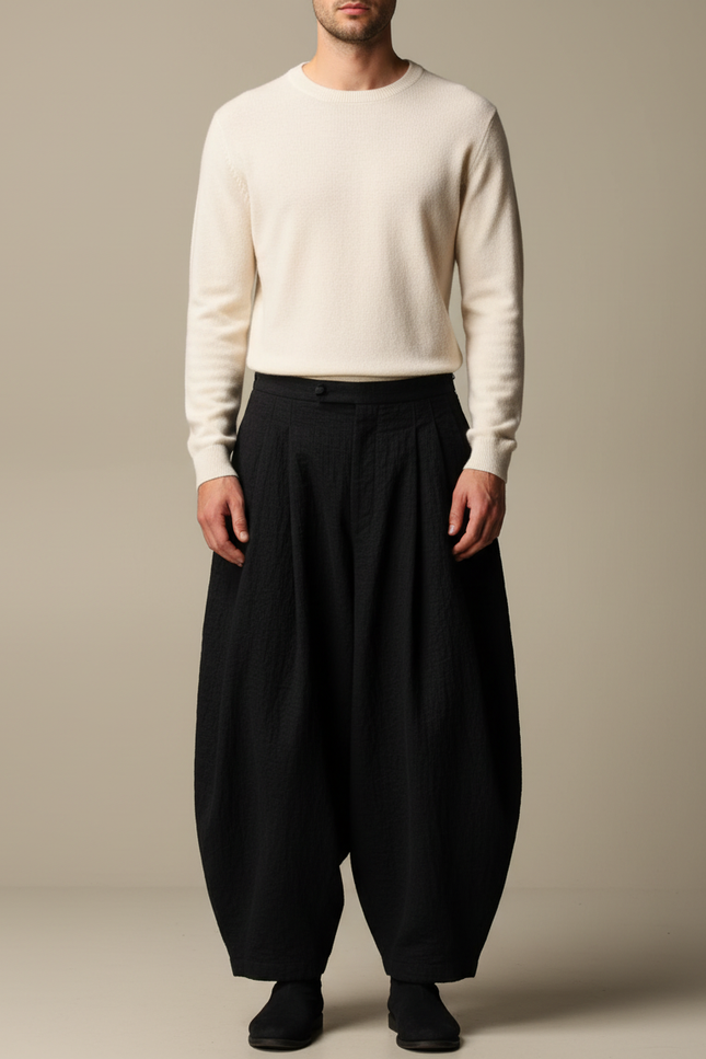 Pantalon Japonais Ample Noir Texturé Unisexe - Lin