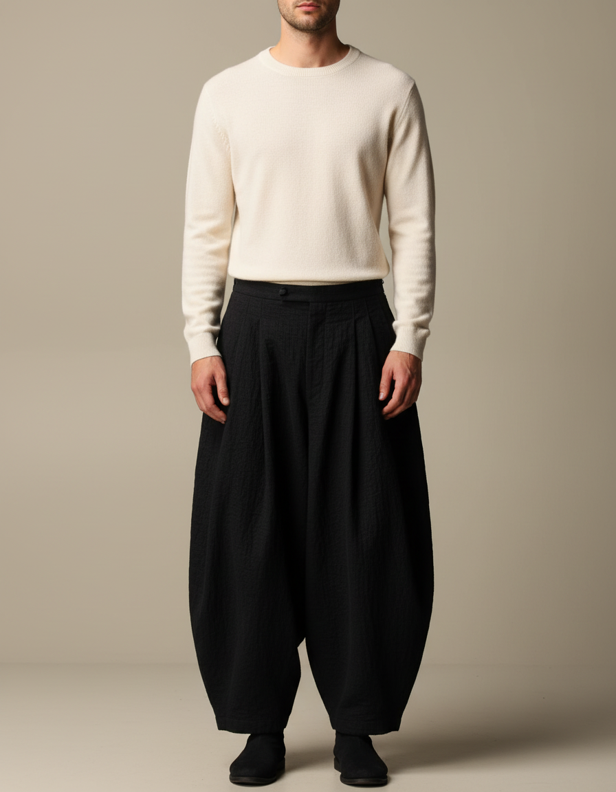 Pantalon Japonais Ample Noir Texturé Unisexe - Lin