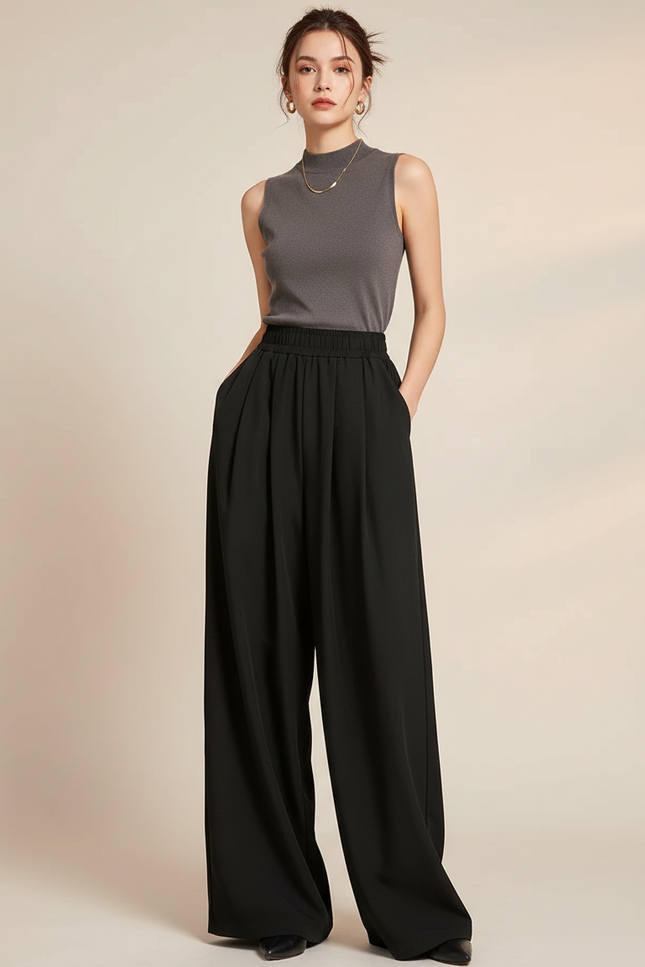 Pantalon Japonais Noir Fluide Ample Décontracté Femme - Polyester