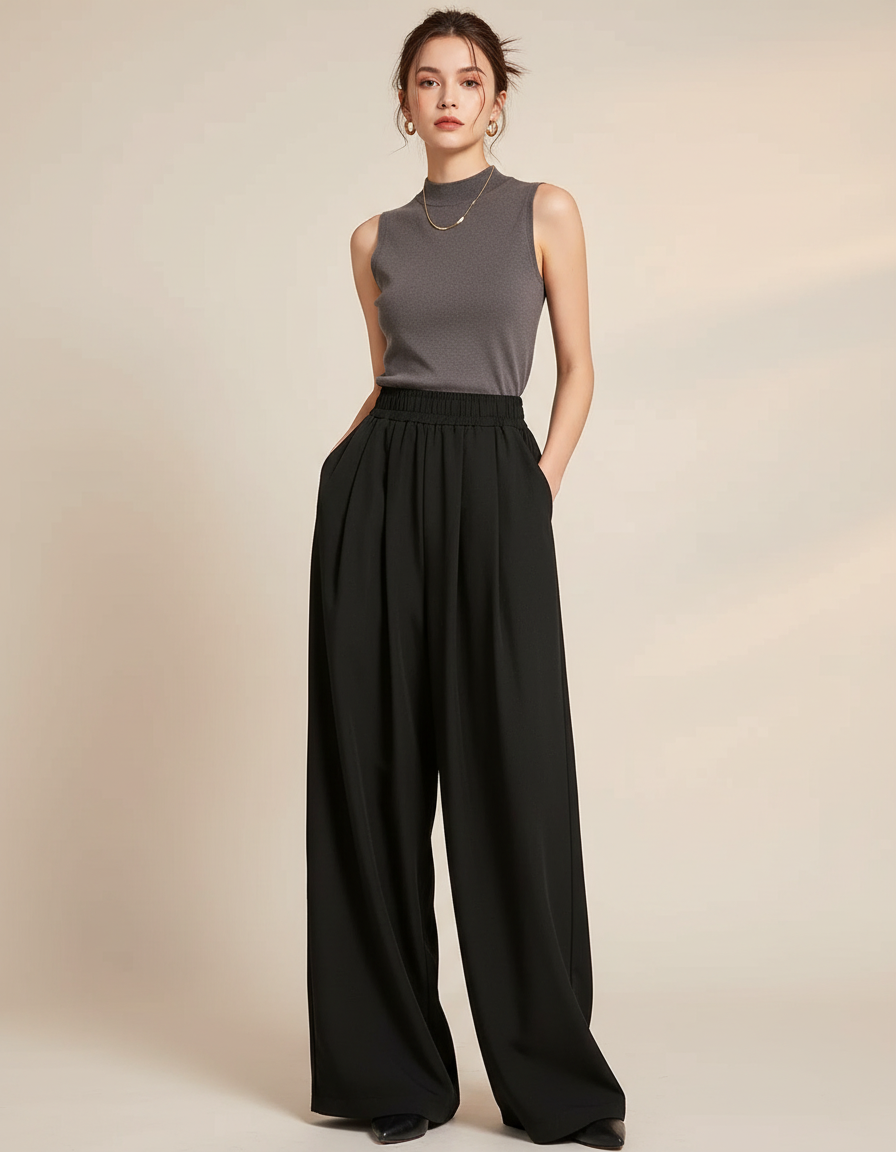Pantalon Japonais Noir Fluide Ample Décontracté Femme - Polyester