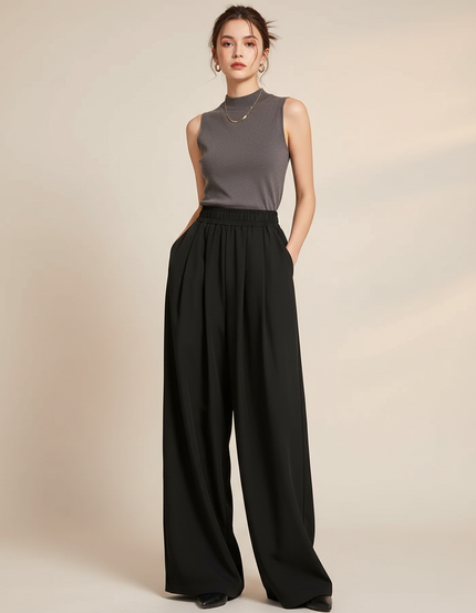 Pantalon Japonais Noir Fluide Ample Décontracté Femme - Polyester