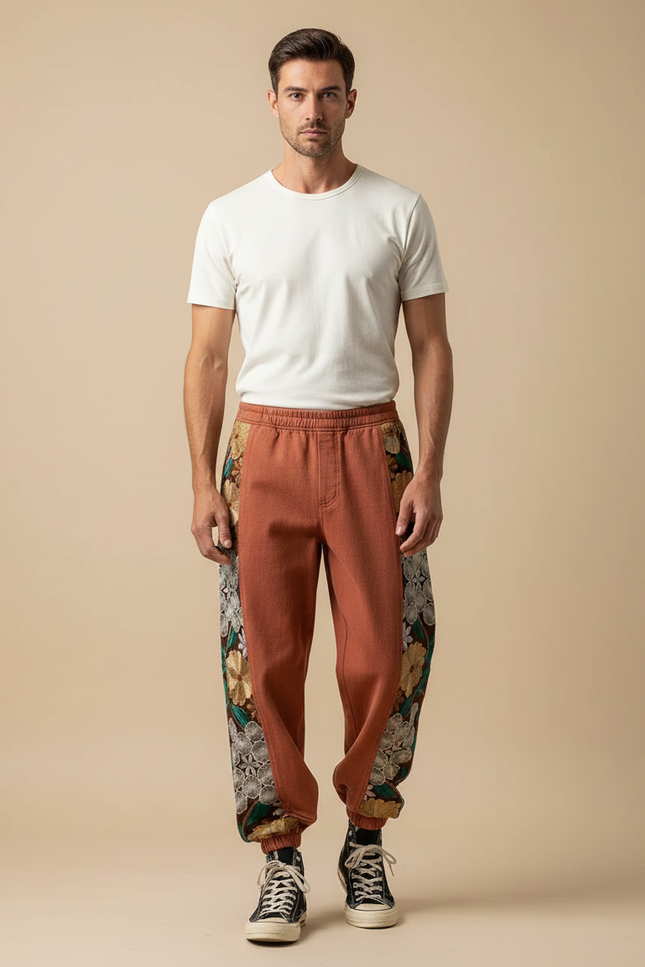 Pantalon Japonais Marron Brodé Floral Ample Coton - Molleton