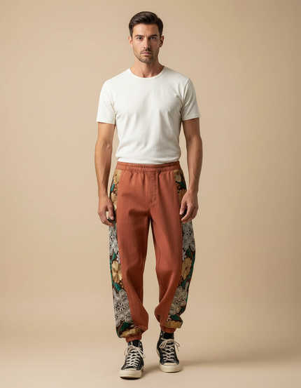 Pantalon Japonais Marron Brodé Floral Ample Coton - Molleton