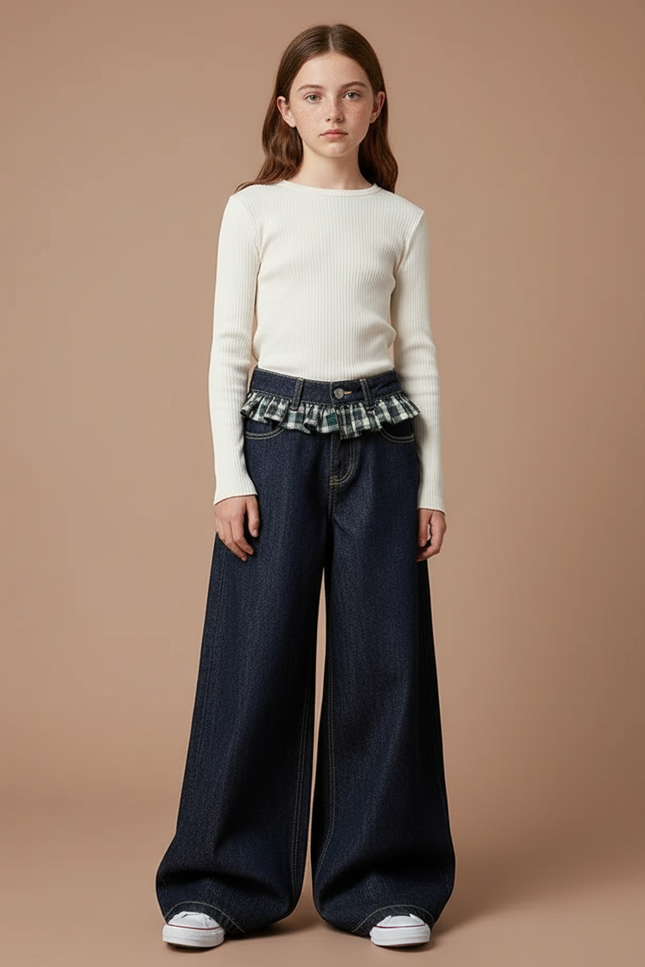 Pantalon Japonais Large Denim Plaid Fille Ample - Marine Jean