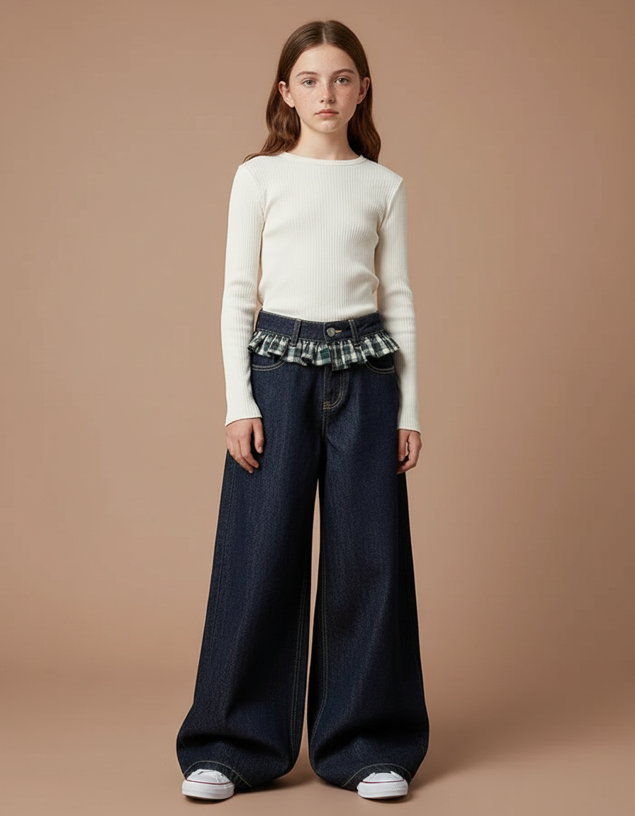 Pantalon Japonais Large Denim Plaid Fille Ample - Marine Jean