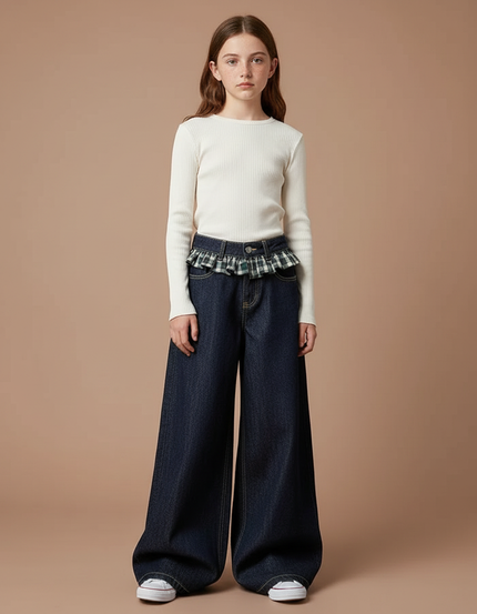 Pantalon Japonais Large Denim Plaid Fille Ample - Marine Jean
