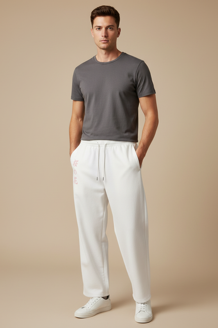 Pantalon Japonais Blanc Ample Coton Sakura Décontracté - Molleton