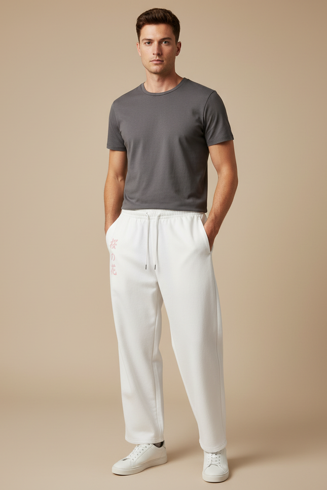 Pantalon Japonais Blanc Ample Coton Sakura Décontracté - Molleton