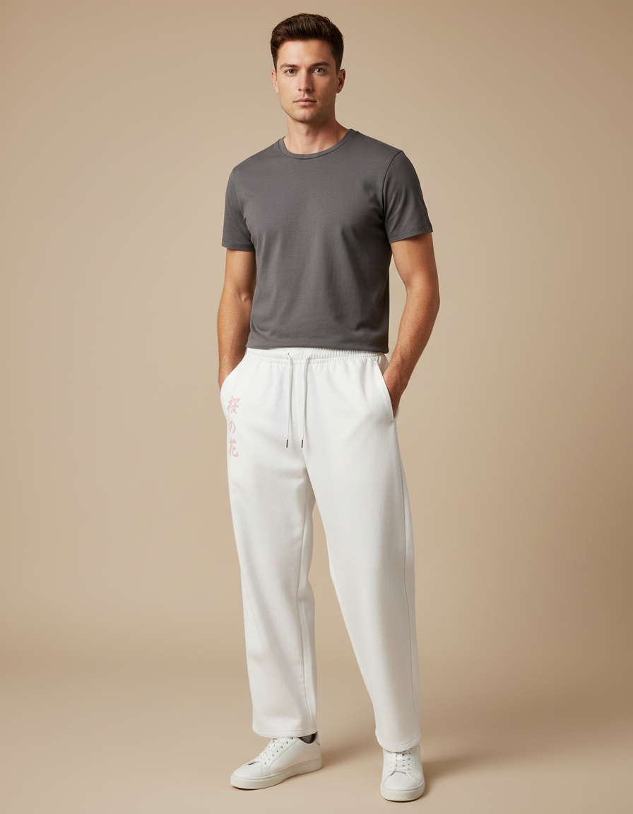 Pantalon Japonais Blanc Ample Coton Sakura Décontracté - Molleton