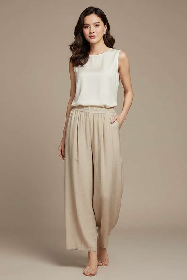 Pantalon Japonais Beige Ample Fluide Décontracté Tencel - Viscose