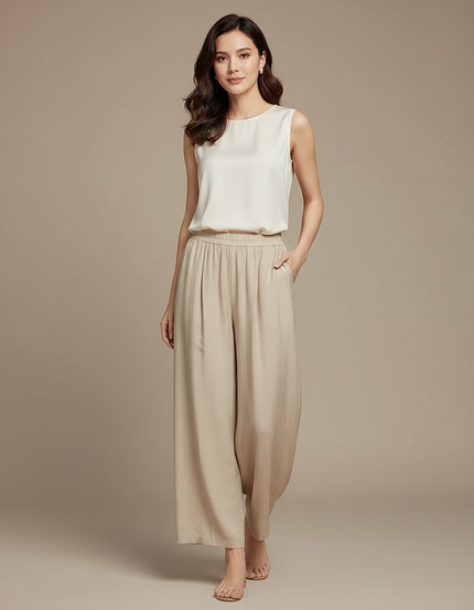 Pantalon Japonais Beige Ample Fluide Décontracté Tencel - Viscose
