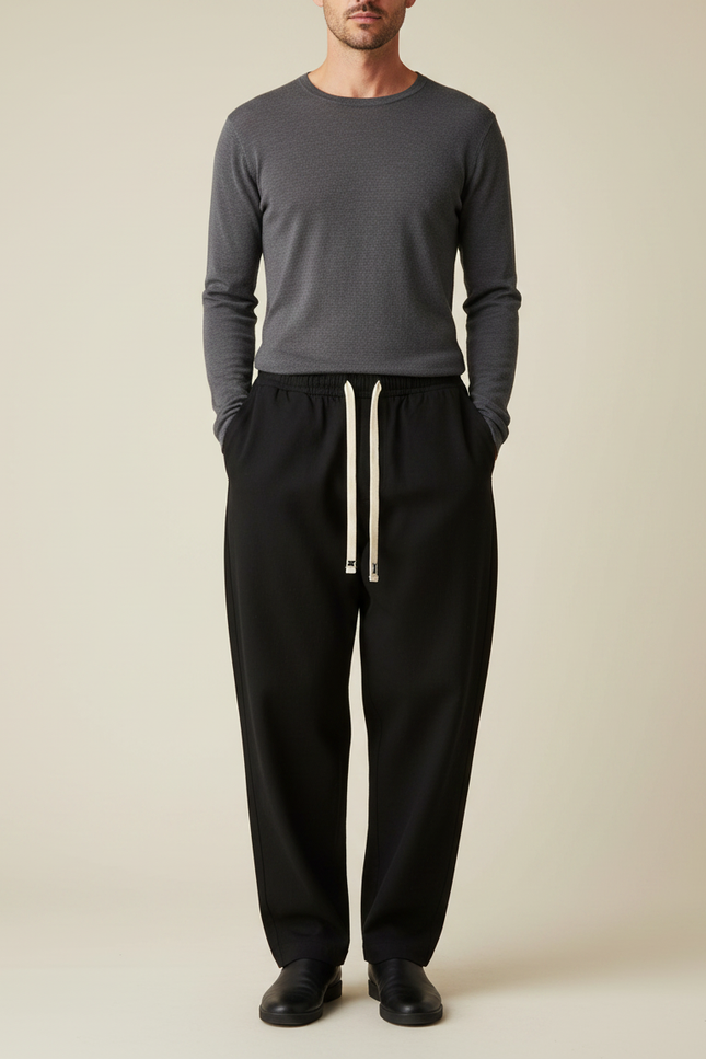 Pantalon Japonais Noir Fluide Cordon Homme Minimaliste - Polyester