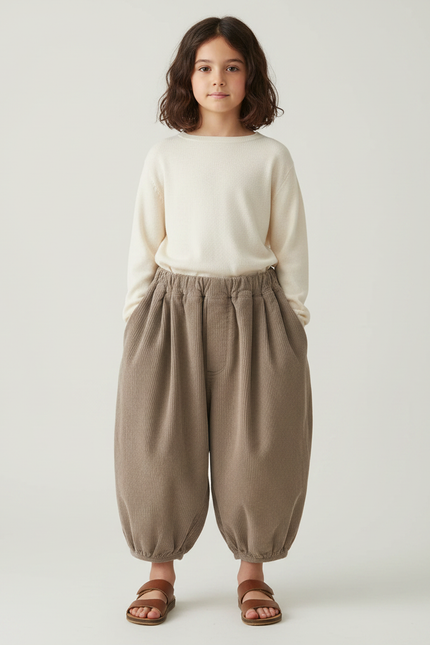 Pantalon Japonais Marron Côtelé Bouffant Ample Enfant - Cordé
