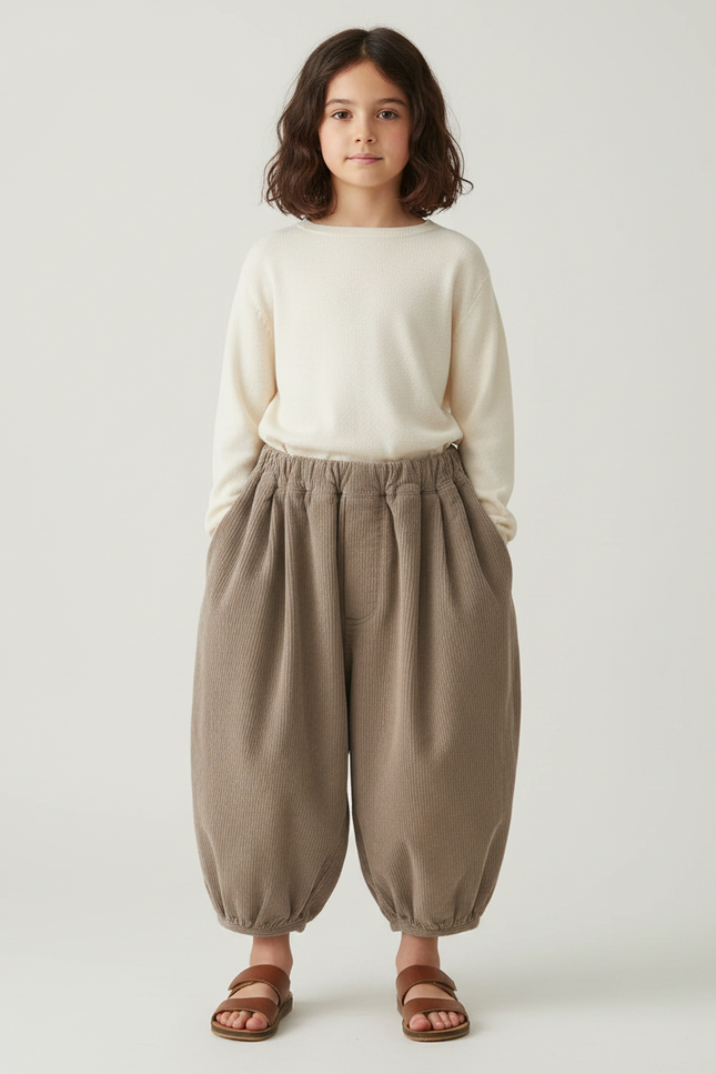 Pantalon Japonais Marron Côtelé Bouffant Ample Enfant - Cordé