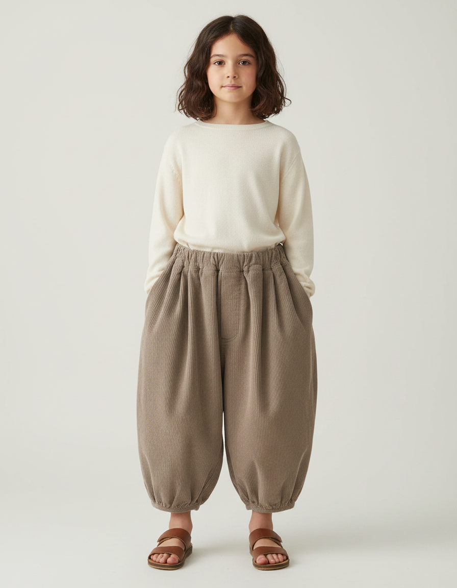 Pantalon Japonais Marron Côtelé Bouffant Ample Enfant - Cordé