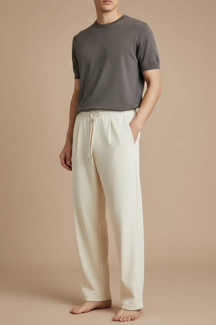 Pantalon Japonais Crème Ample Décontracté Fluide Coton - Beige Maille